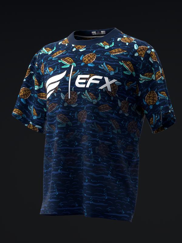 Navy bowling jersey with sea turtle print and EFX logo, front view