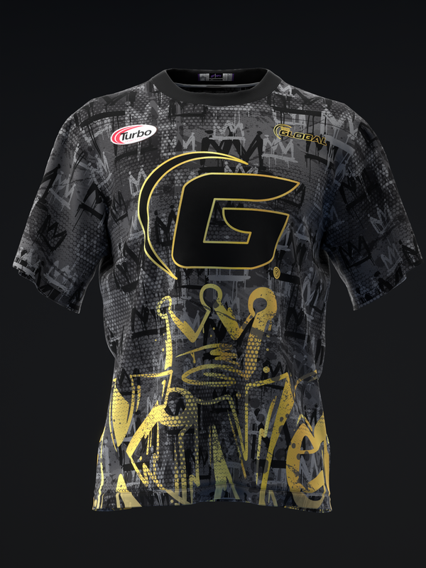 Black bowling jersey with gold outlined graphic design and textured pattern, front view