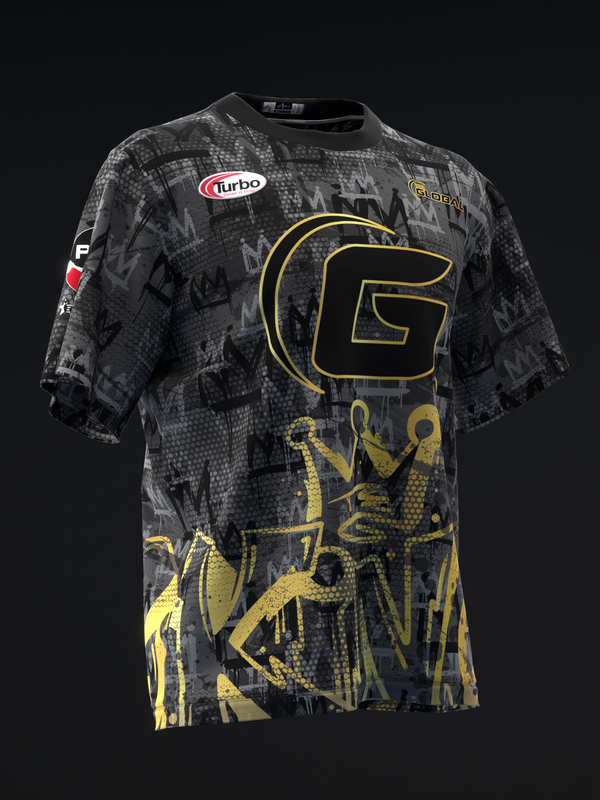 Black bowling jersey with gold graphic design and Turbo logo on front