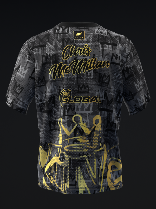 Black bowling jersey with gold Chris McMillan name and crown graphic, back view