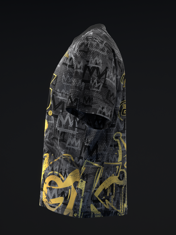 Black bowling jersey with yellow geometric and abstract graphic print, side view