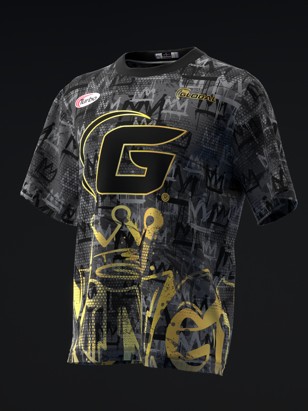 Black and gold bowling jersey front view with geometric graphic design