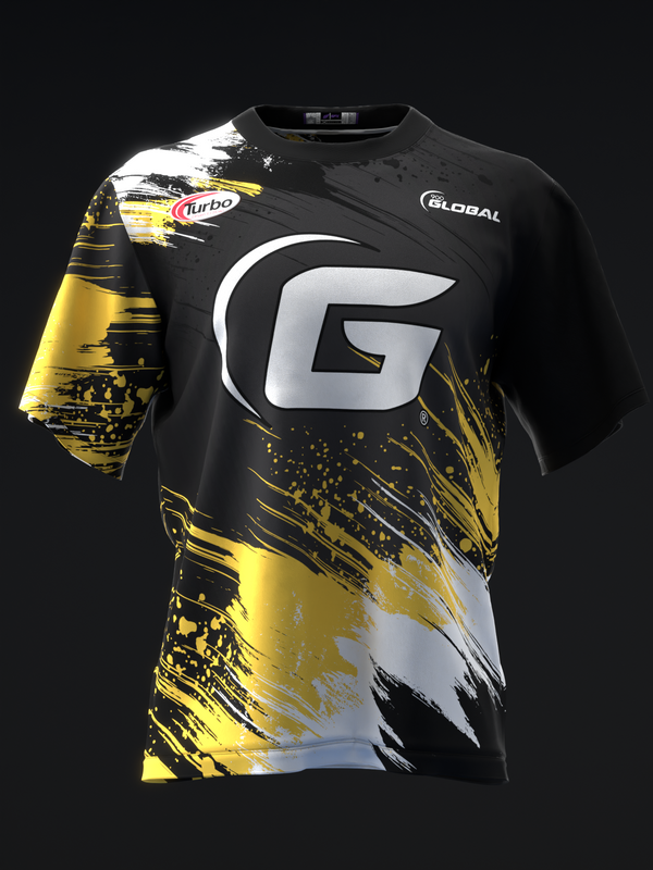 Black bowling jersey with large white G logo and yellow splatter design pattern