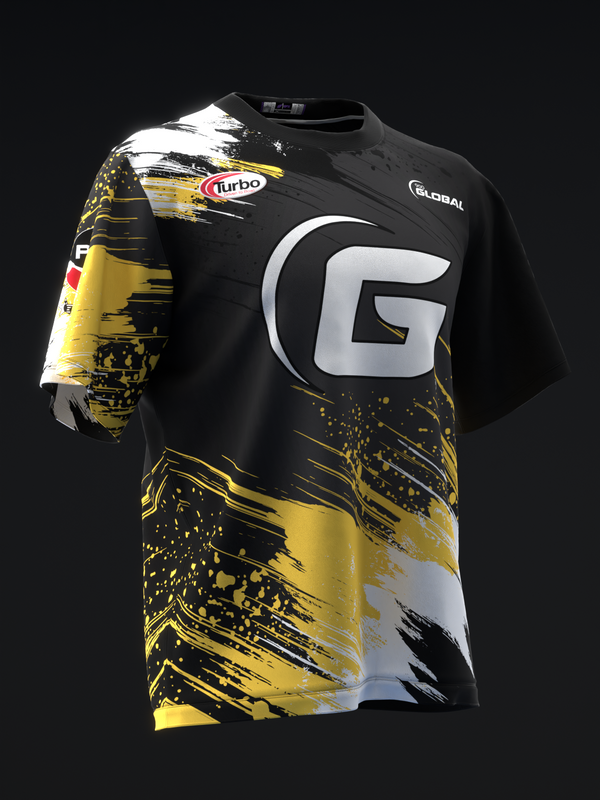 Black bowling jersey with large white G logo and yellow paint splatter design throughout