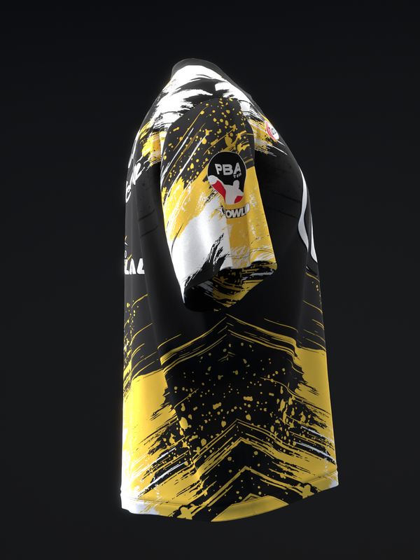 Black, white, and gold bowling jersey with splatter and arrow graphic design