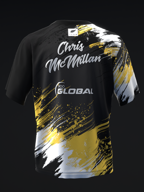 Black bowling jersey with Chris McMillan name and gold, white brushstroke design