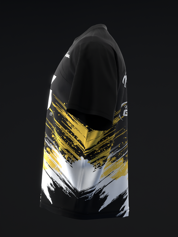 Black bowling jersey with gold and white paint stroke graphic design