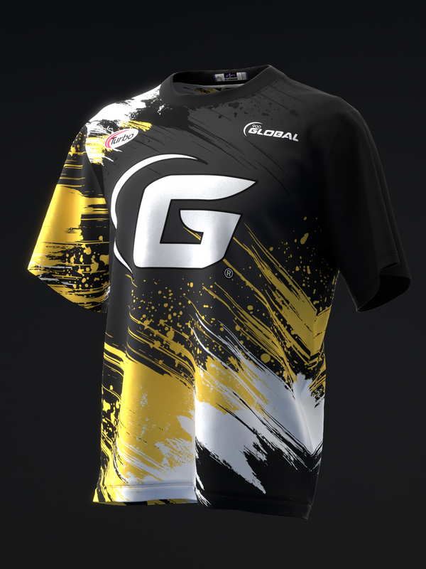 Black bowling jersey with large white G logo and yellow grunge splatter design front view