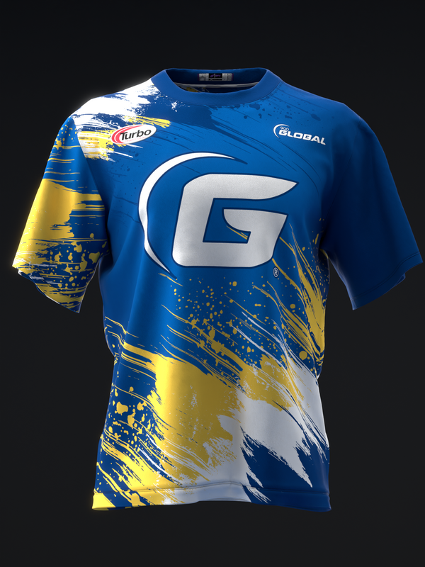 Blue bowling jersey with large white G logo and yellow splatter design details