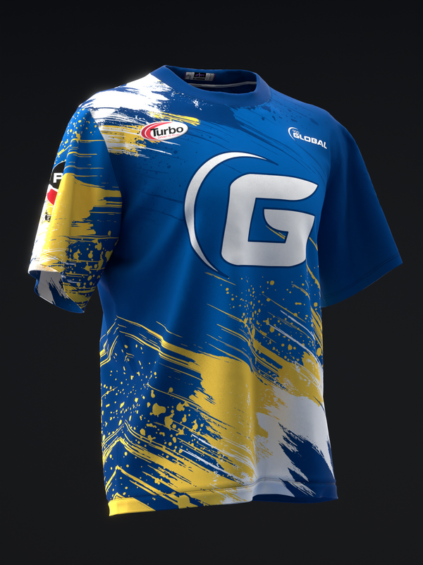 Blue bowling jersey with large white G logo and ripped yellow design pattern