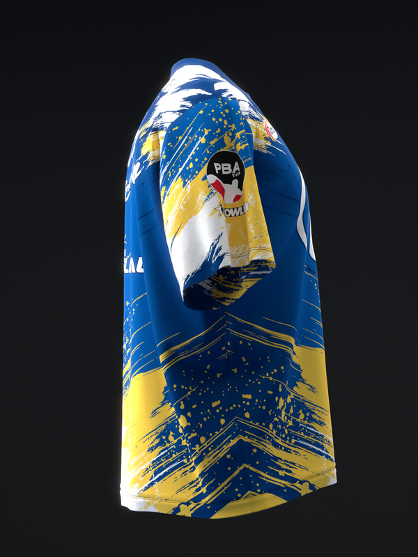 Blue, white, and gold bowling jersey with splatter paint design detail