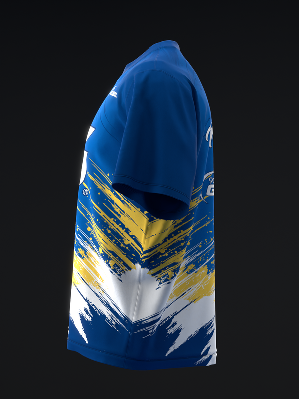 Blue bowling jersey with ripped white and gold graphic design, side view