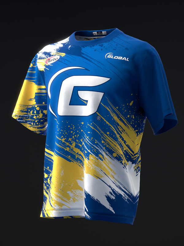 Blue, white, and gold bowling jersey with large G logo and splatter design pattern