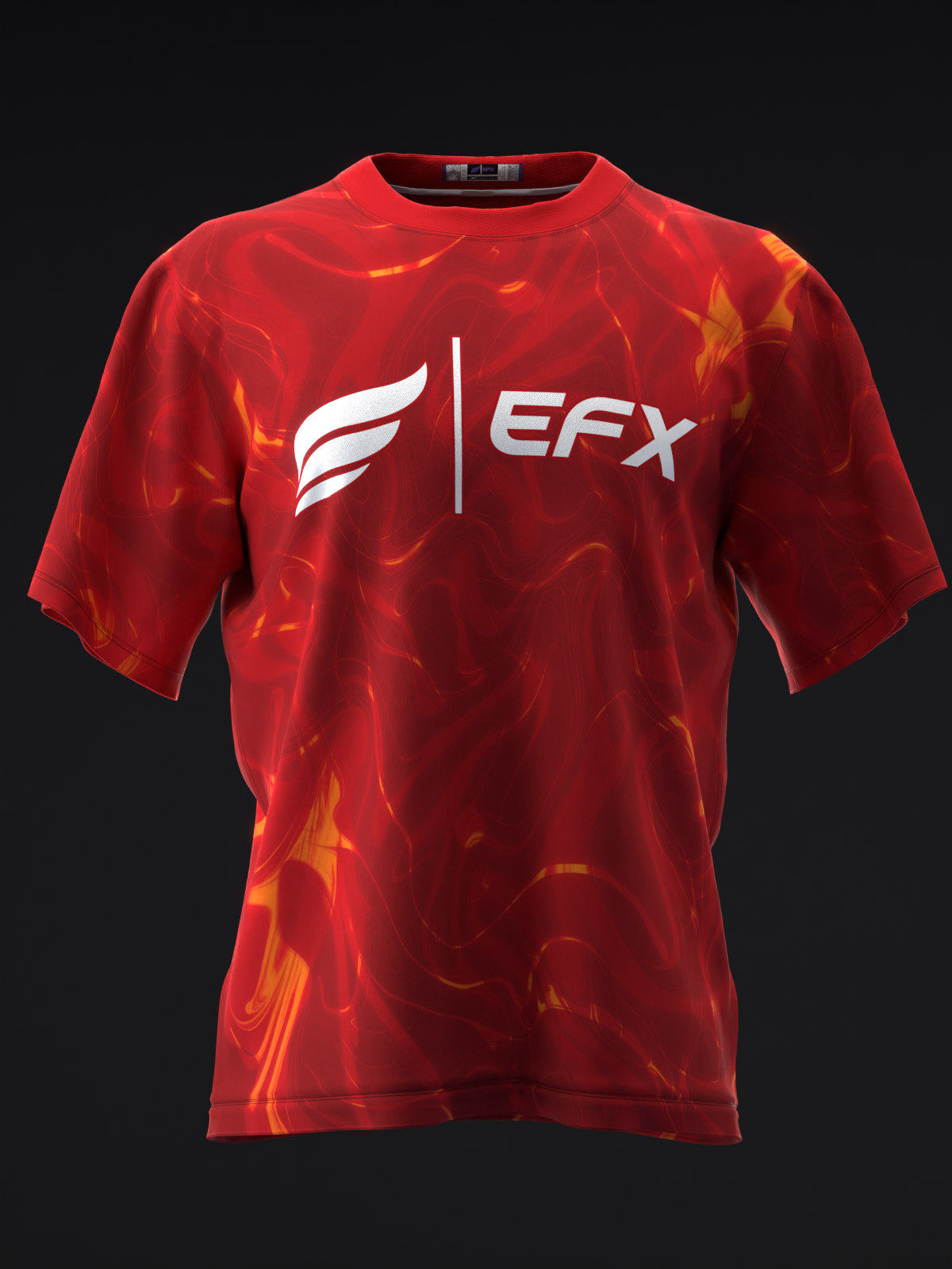 Red bowling jersey with flame pattern and white EFX logo, front view