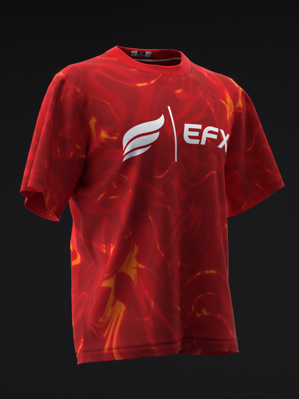 Red bowling jersey with flame pattern and white EFX logo on front