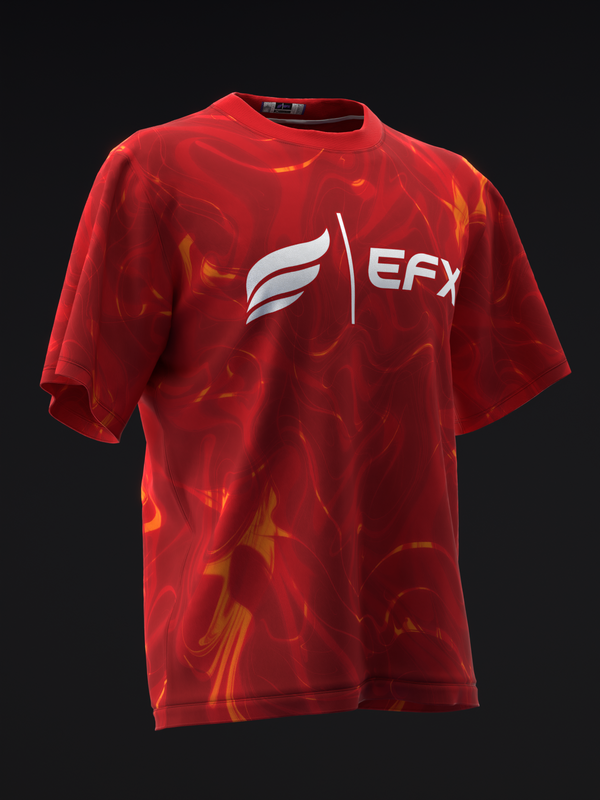 Red bowling jersey with flame pattern and white EFX logo on front