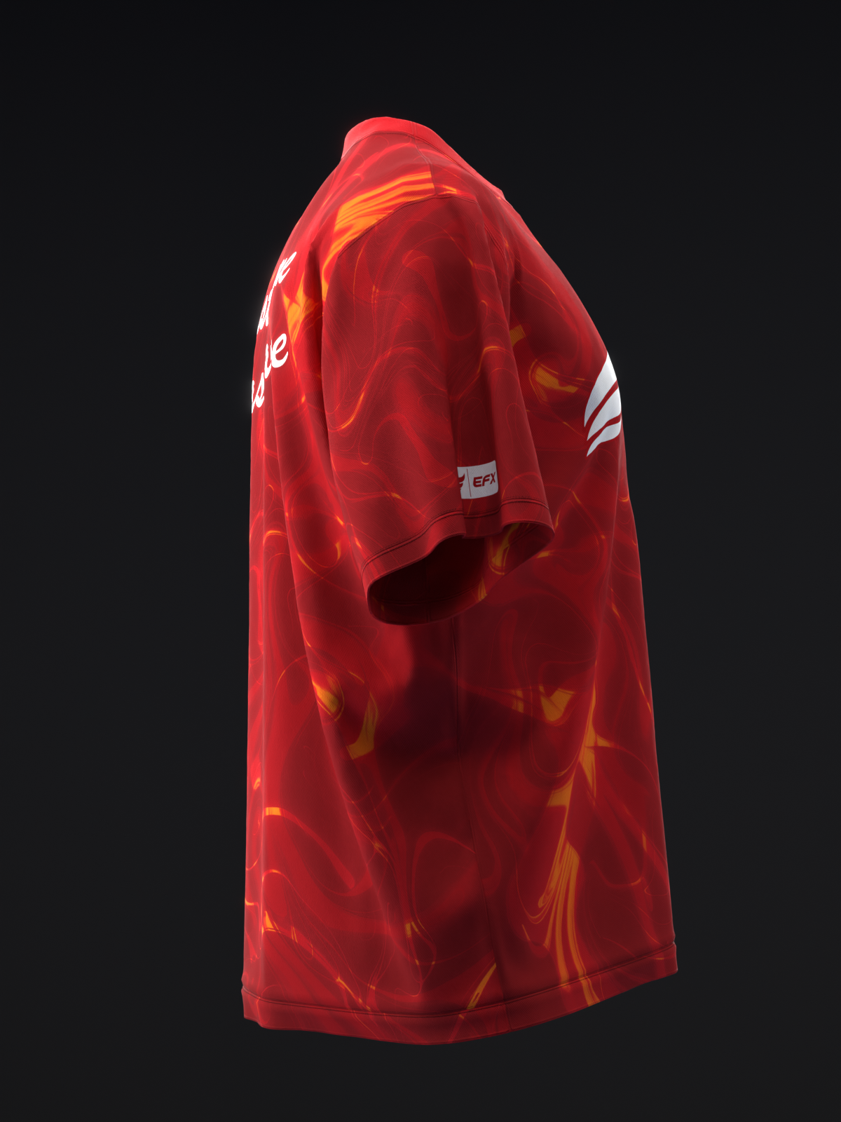 Red bowling jersey with orange flame pattern and white shoulder stripe detail