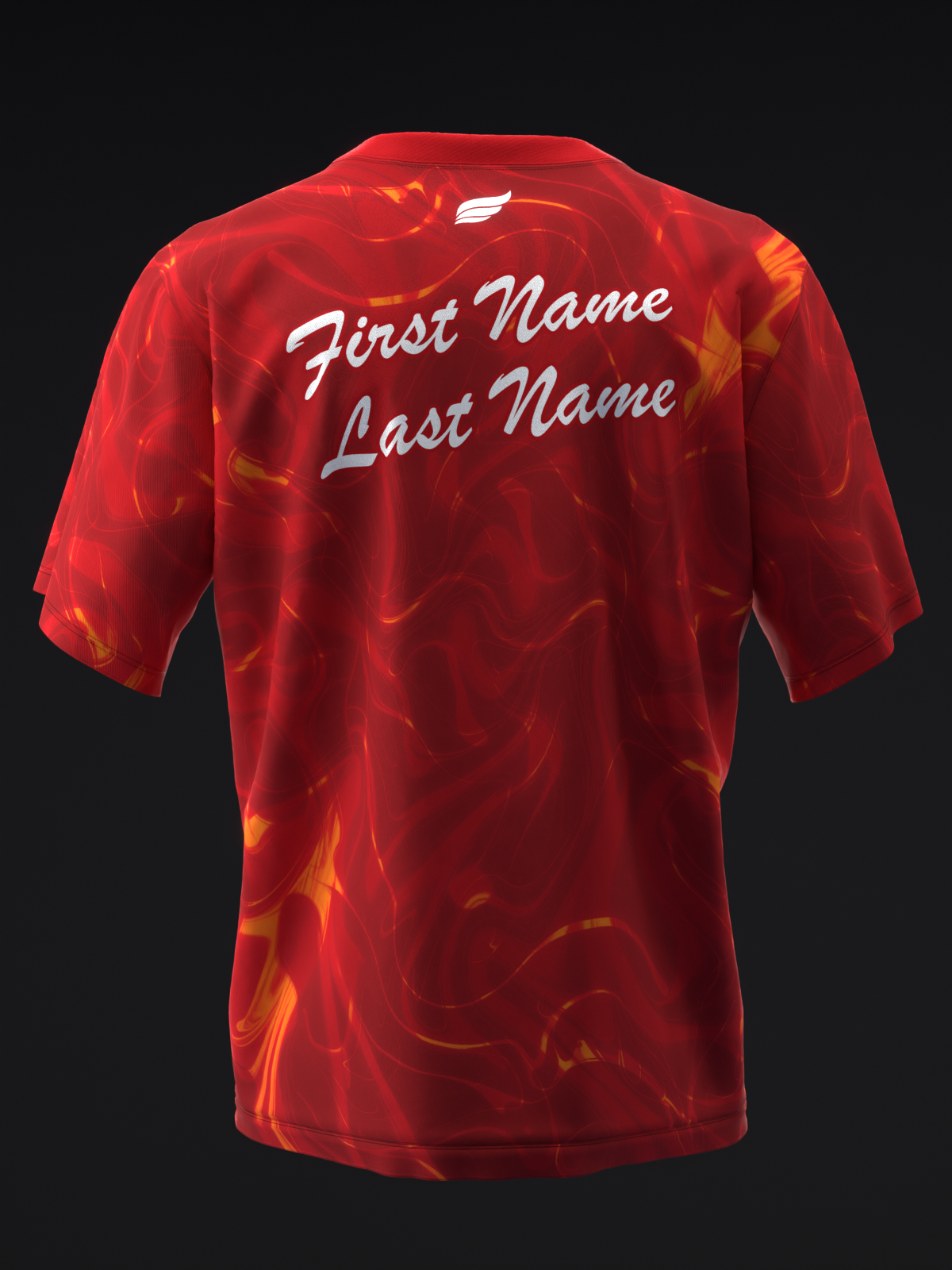 Red bowling jersey with flame pattern and personalized name text on back
