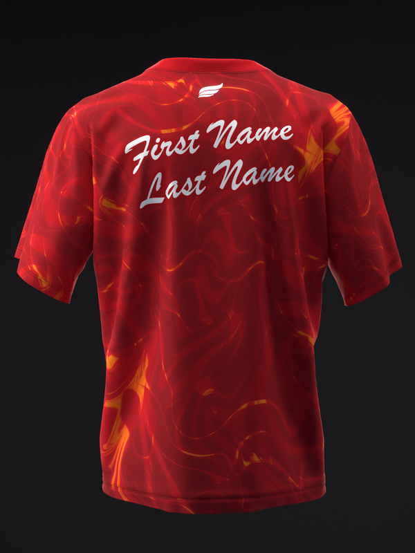 Red bowling jersey with flame pattern and personalized name text on back
