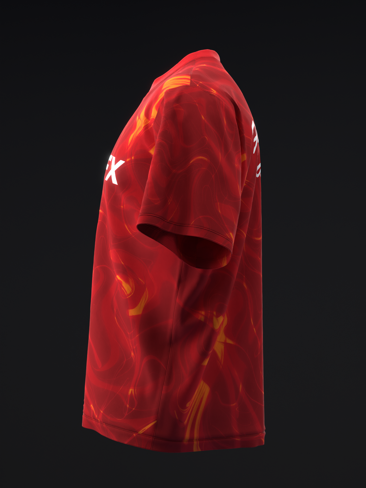 Red bowling jersey with white star logo and orange flame graphic design