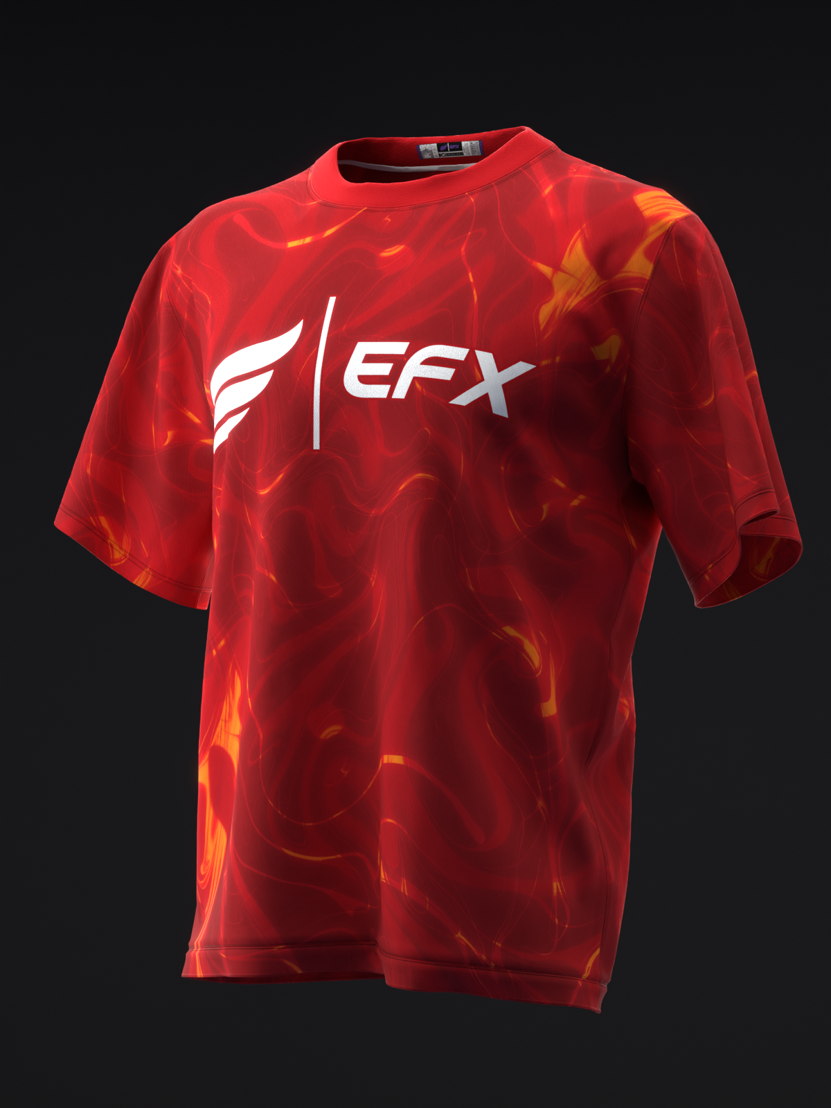 Red bowling jersey with flame pattern and white EFX logo, front view