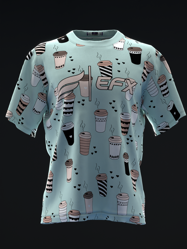 Light blue bowling jersey with coffee cup and heart pattern throughout front view