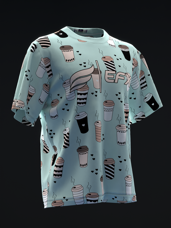 Light blue bowling jersey with coffee cup and heart pattern, front view