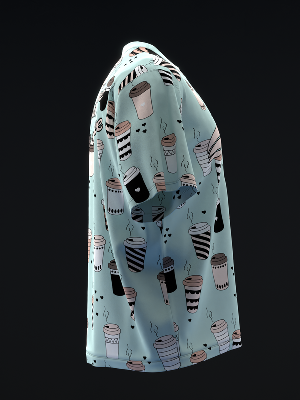 Light blue bowling jersey with repeating coffee cup and striped pattern graphic