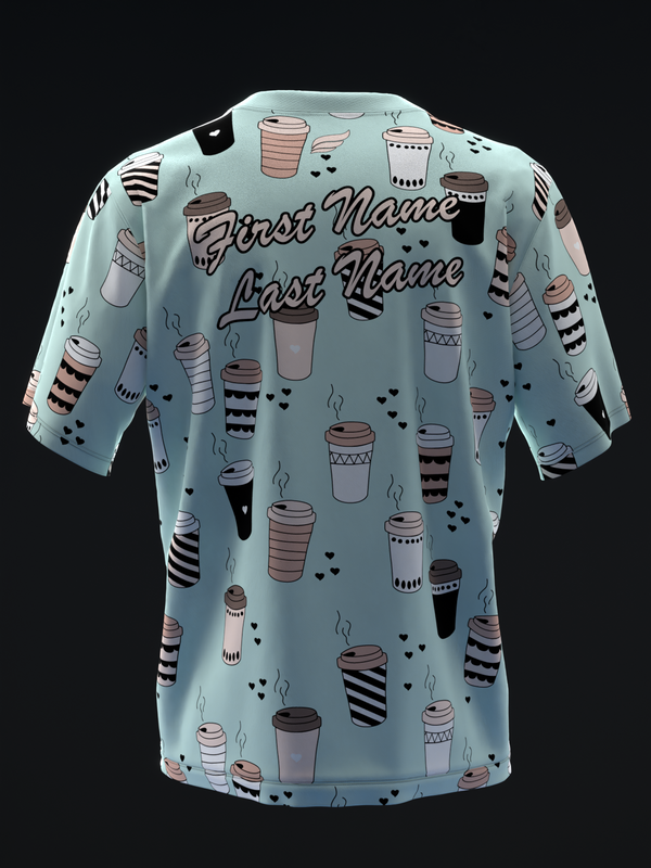 Light blue bowling jersey with coffee cup pattern and personalization text