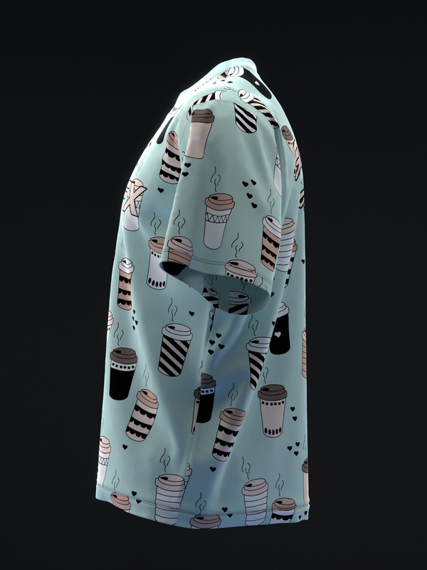 Light blue bowling jersey with repeating coffee cup and striped pattern