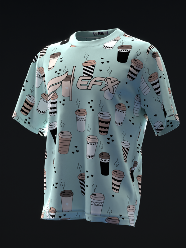 Light blue bowling jersey with coffee cup pattern and EFX text, front view