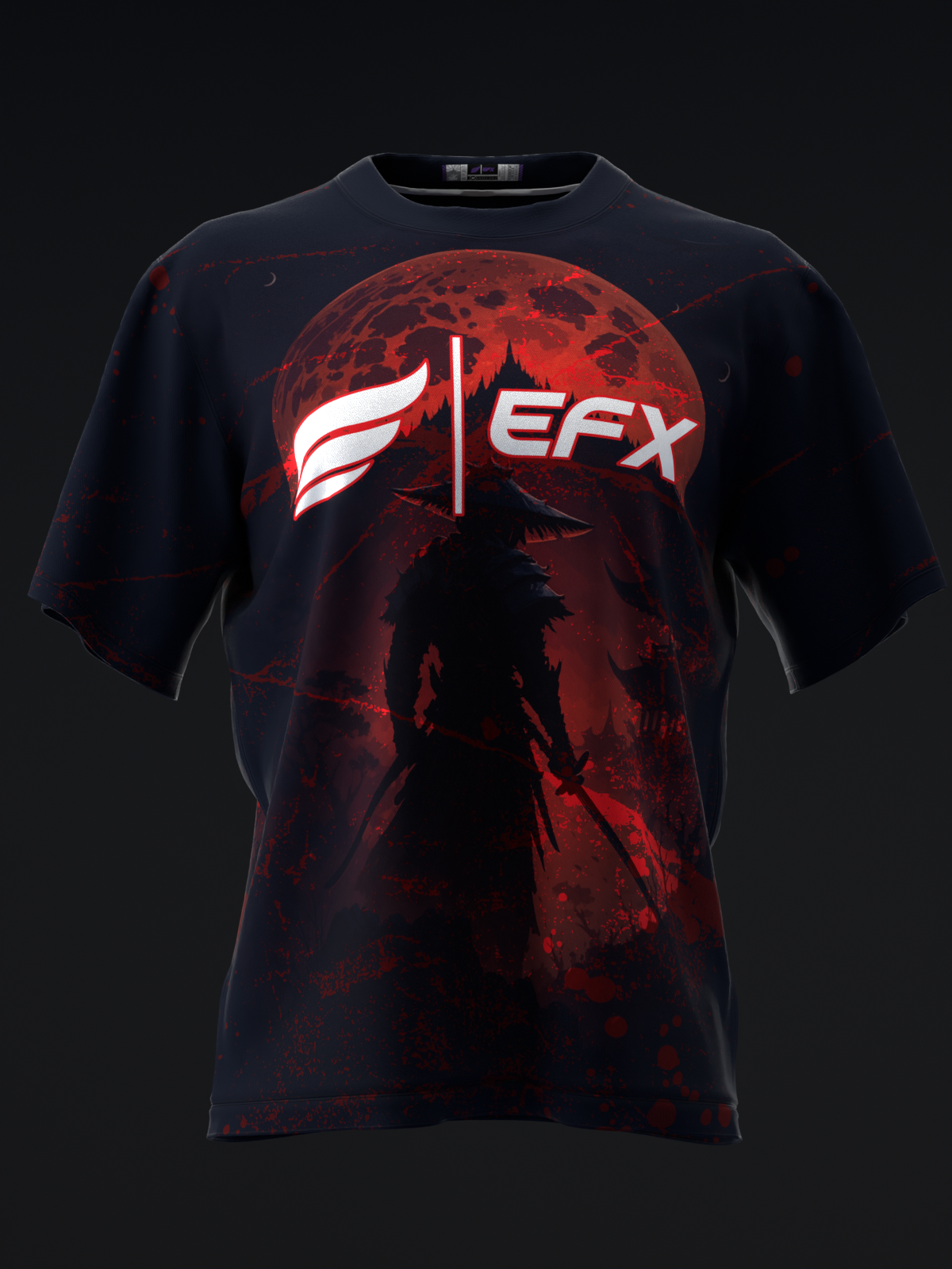 Black bowling jersey with red moon and silhouette graphic, EFX logo