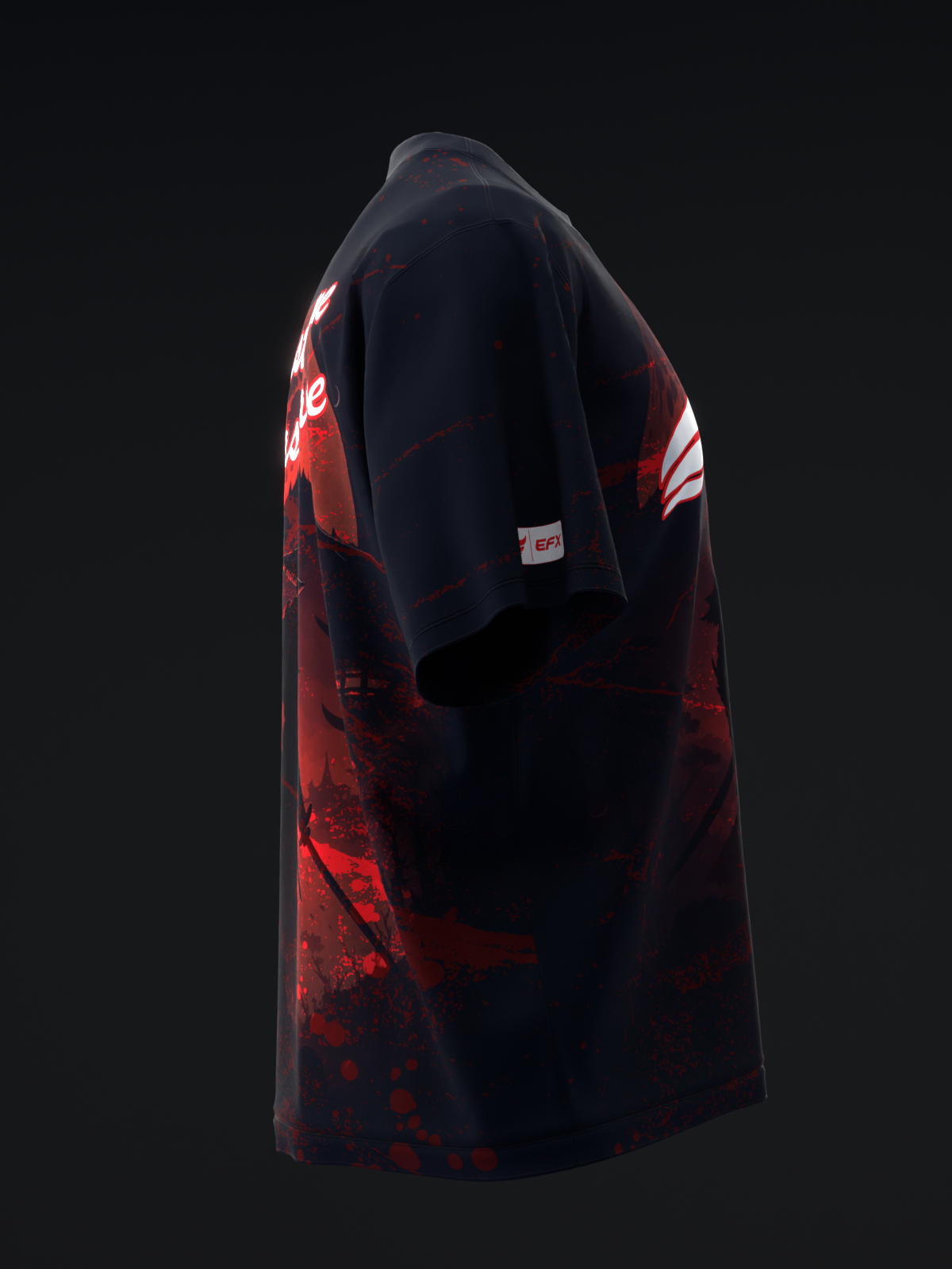 Black and red bowling jersey with abstract crimson graphic design, side view