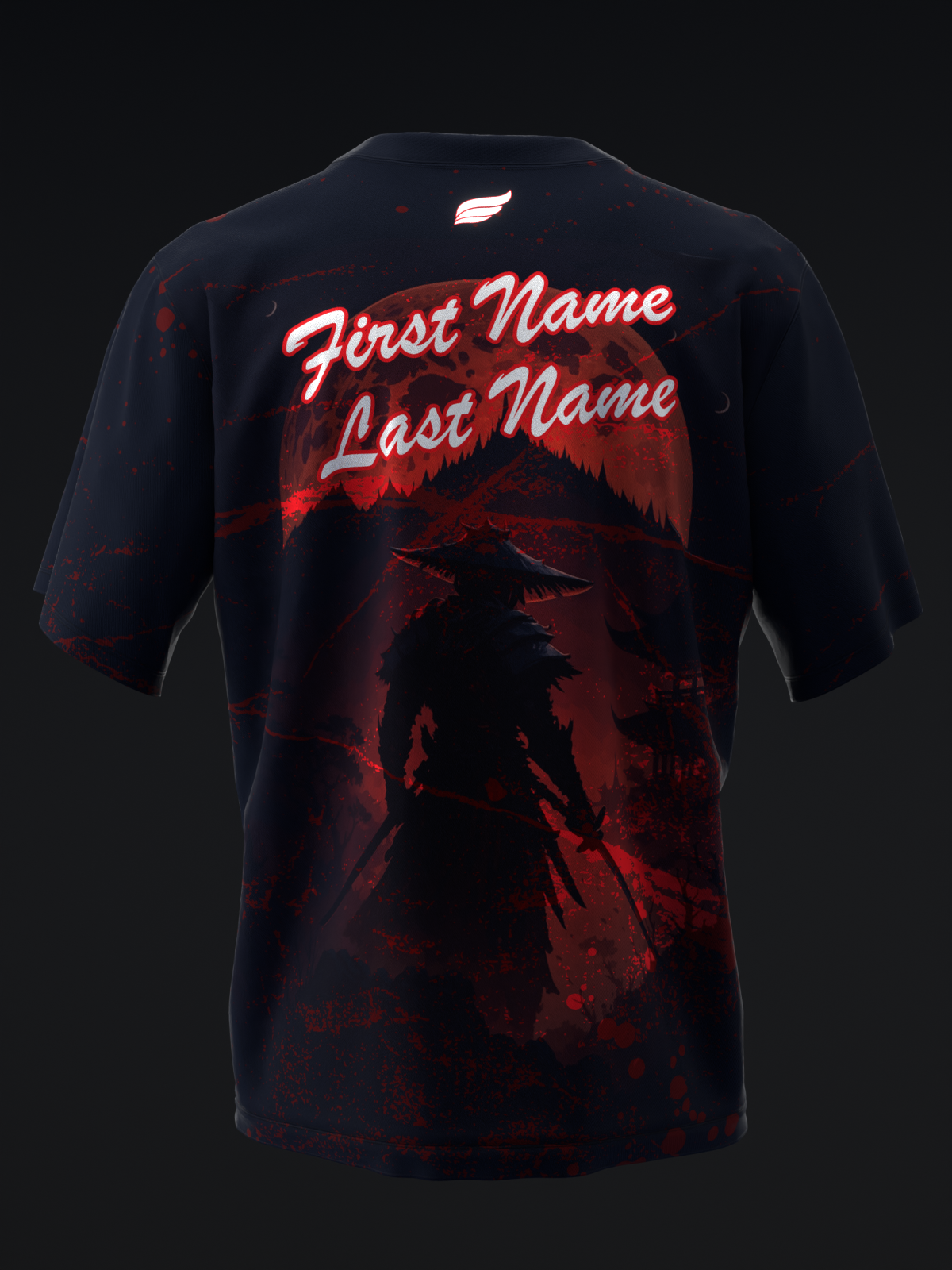 Black and red bowling jersey with stylized warrior silhouette and customizable name text