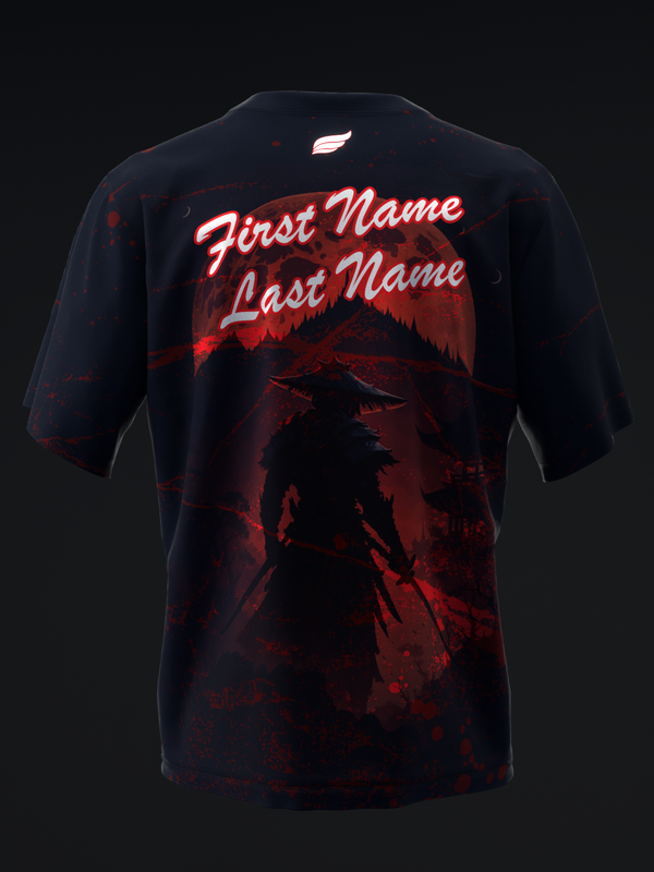 Black and red bowling jersey with stylized warrior silhouette and customizable name text