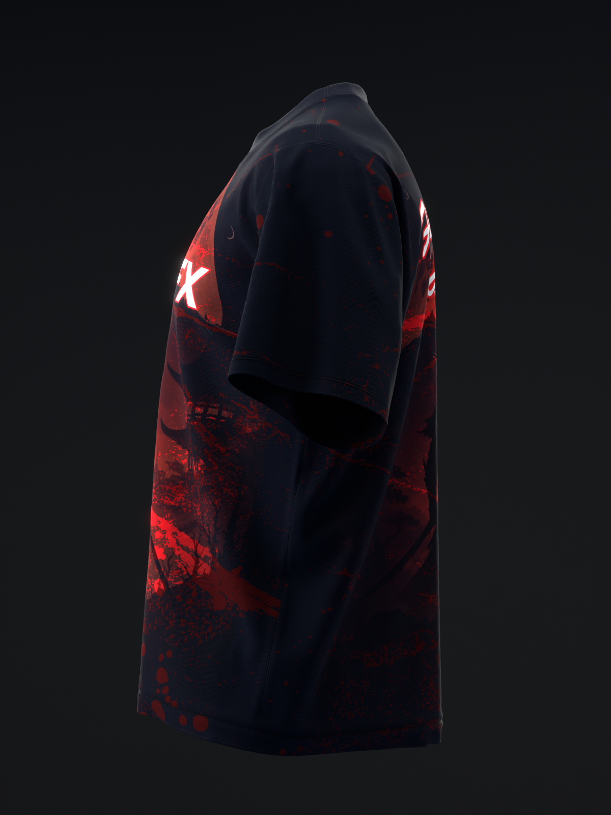 Black and red bowling jersey with distressed graphic and white star design, side view