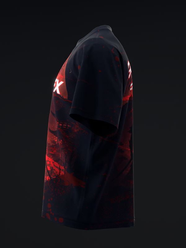 Black and red bowling jersey with distressed graphic and white star design, side view