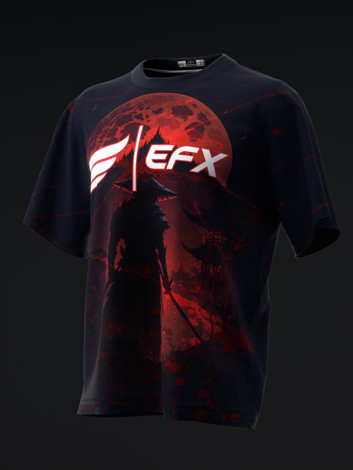 Black bowling jersey with red moon and silhouette graphic, front view