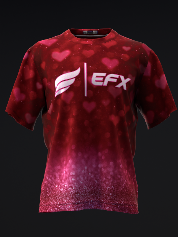 Red bowling jersey with EFX logo and sparkling heart pattern, front view