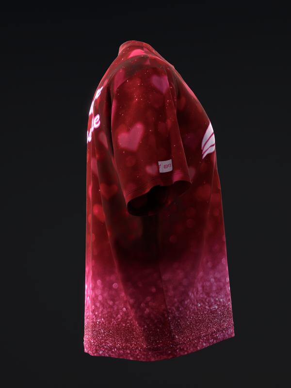Red bowling jersey with glitter fade design and white shoulder accents, side view