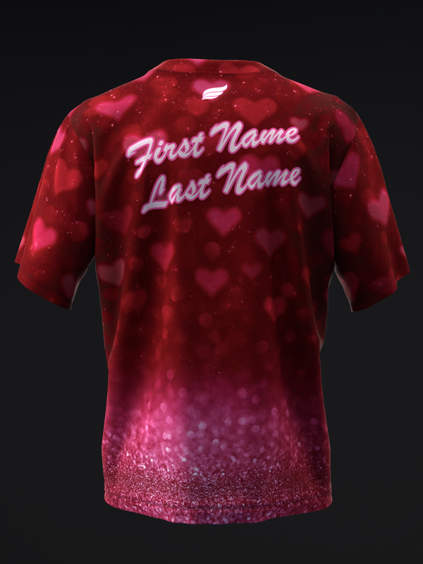 Red bowling jersey with personalized script text and heart pattern design, back view