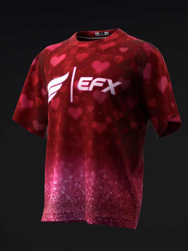Red bowling jersey with EFX logo, featuring glitter gradient design on front