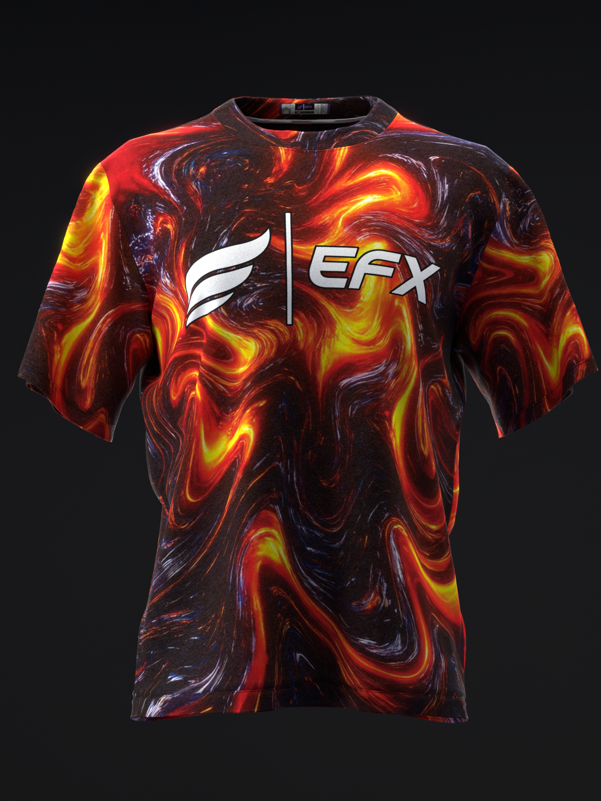 Front view of red and black bowling jersey with swirled flame pattern and EFX logo