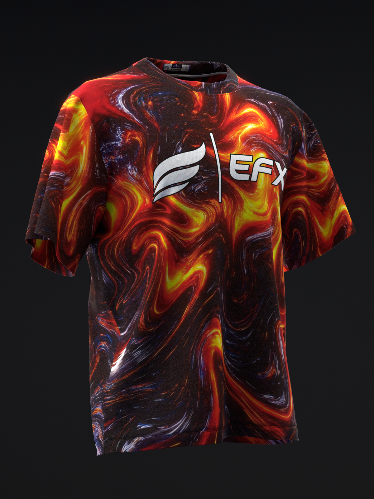 Front view of bowling jersey with red, orange, and yellow swirled pattern and EFX logo