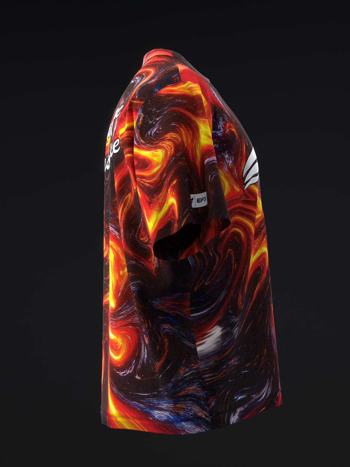 Bowling jersey with vibrant red and yellow flame pattern on black background, side view