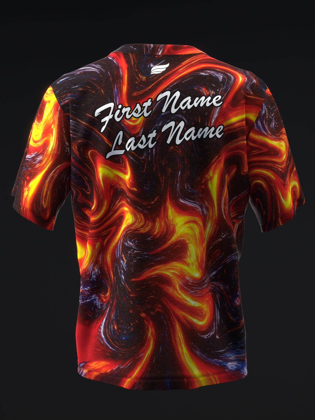 Black bowling jersey with red, orange, and yellow swirled flame pattern and personalization text