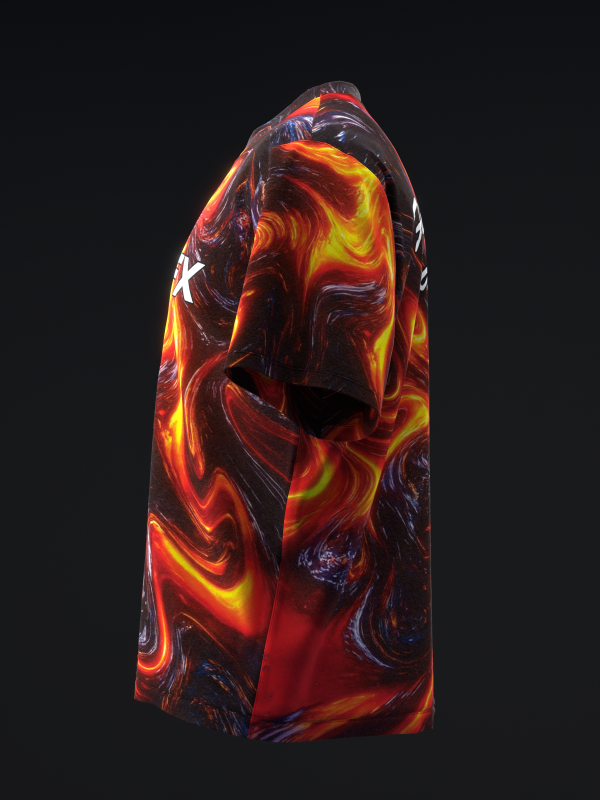 Bowling jersey with vibrant orange and red flame swirl design on black