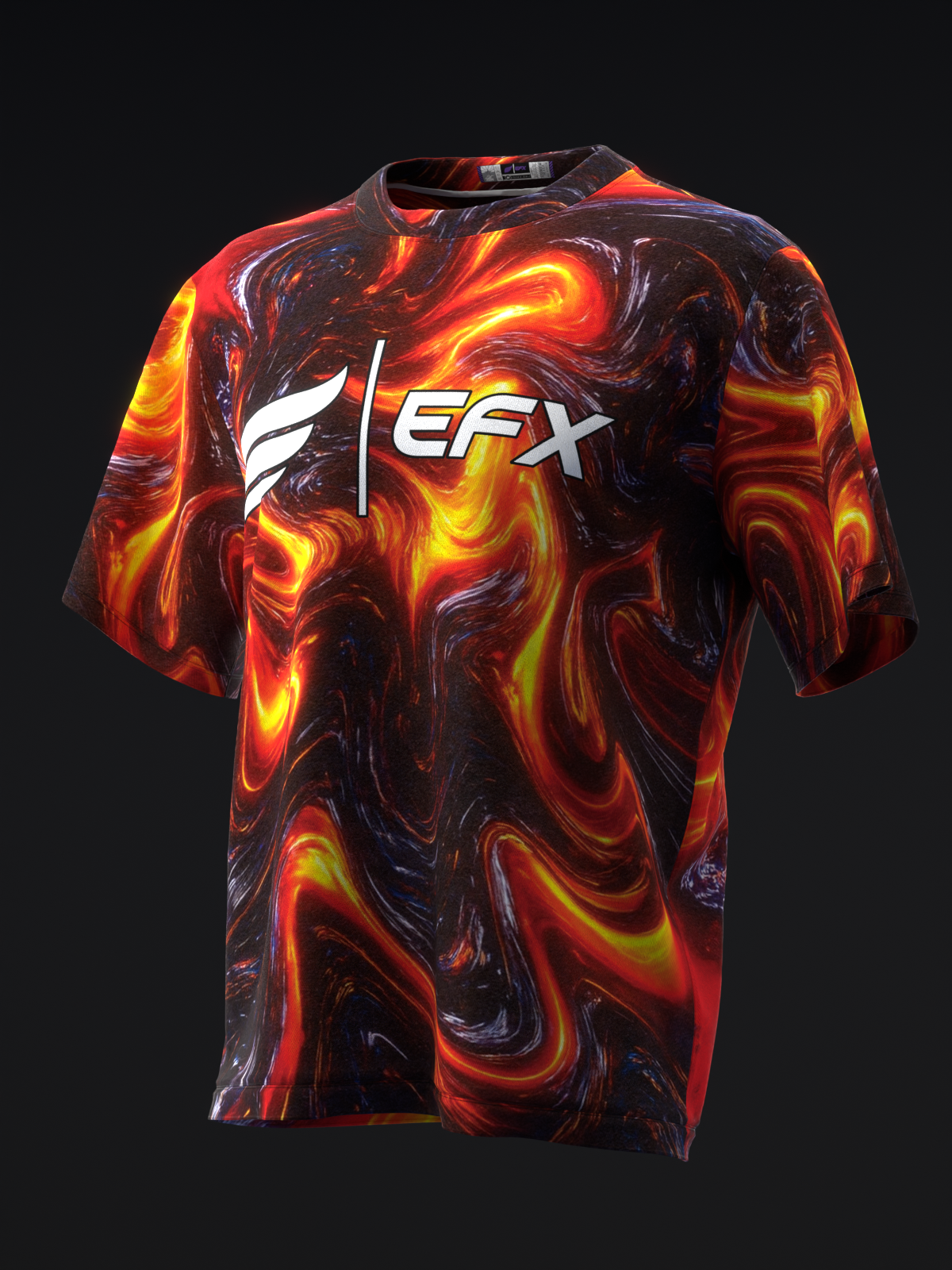 Black bowling jersey with orange and yellow flame swirl pattern and EFX logo