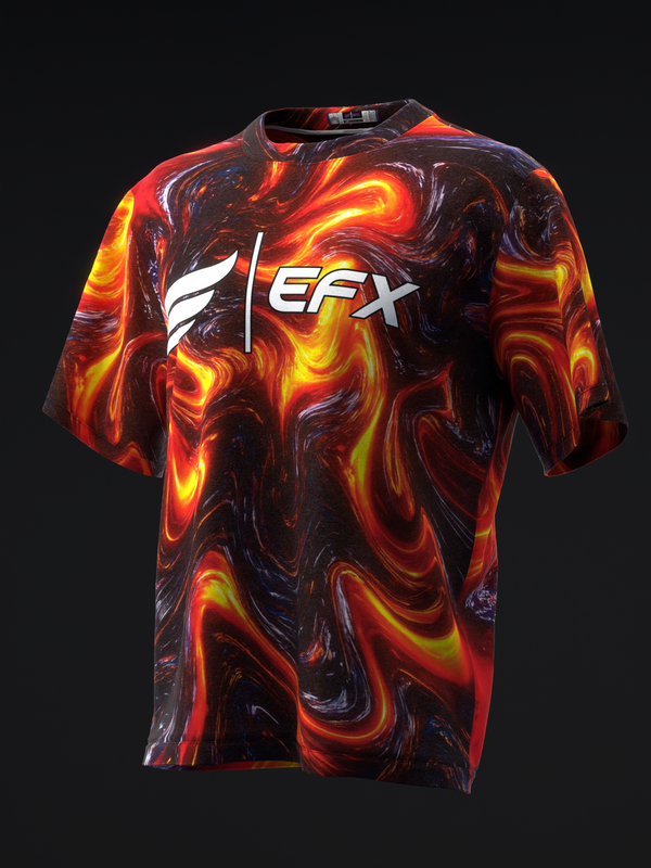 Black bowling jersey with orange and yellow flame swirl pattern and EFX logo