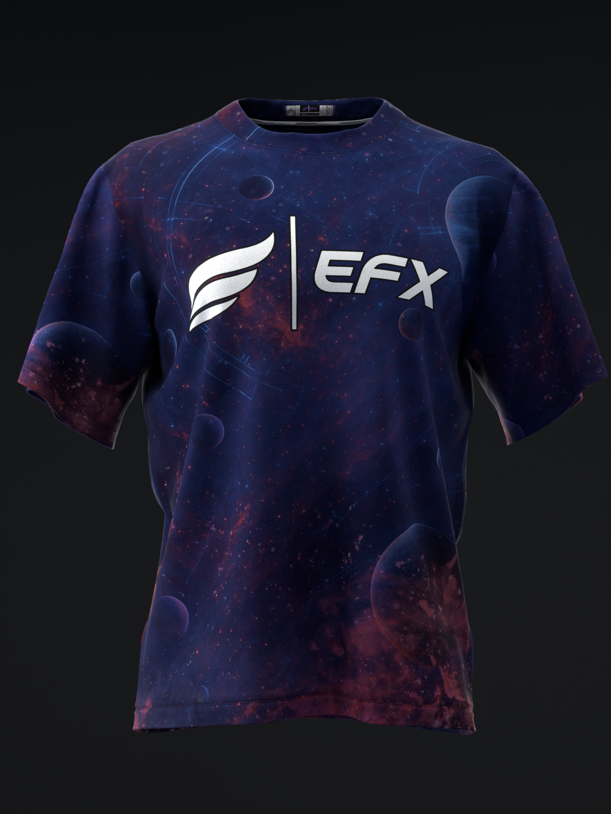 Dark blue and purple bowling jersey with cosmic pattern and white EFX logo